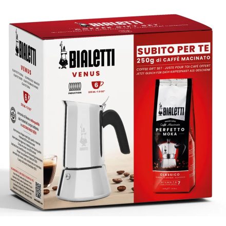 Bialetti Venus Induction 6 személyes kotyogós kávéfőző Classico 250g őrölt kávéval