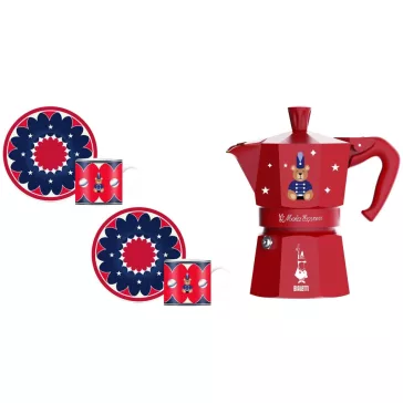   Bialetti Karácsonyi Maci Moka Express piros kotyogós kávéfőző, 3 személyes + 2 db csésze
