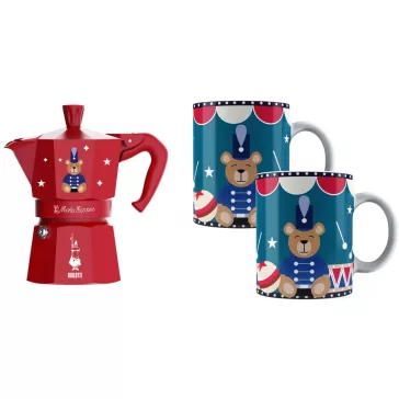   Bialetti Karácsonyi Maci Moka Express piros kotyogós kávéfőző, 6 személyes + 2 db bögre