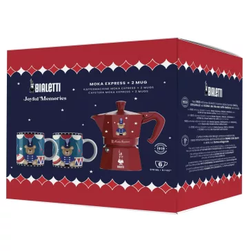   Bialetti Karácsonyi Maci Moka Express piros kotyogós kávéfőző, 6 személyes + 2 db bögre