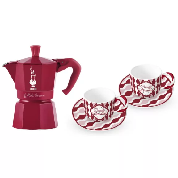 Bialetti Candyland Moka Express bordó kotyogós kávéfőző, 3 személyes + 2db csésze Bialetti Candyland Moka Express bordó kotyogós kávéfőző, 3 személyes + 2db csésze