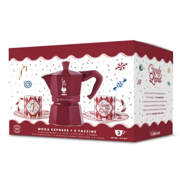   Bialetti Candyland Moka Express bordó kotyogós kávéfőző, 3 személyes + 2db csésze
