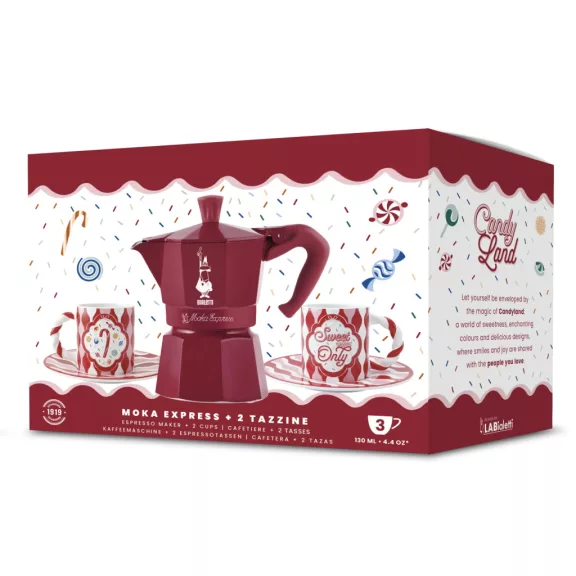 Bialetti Candyland Moka Express bordó kotyogós kávéfőző, 3 személyes + 2db csésze Bialetti Candyland Moka Express bordó kotyogós kávéfőző, 3 személyes + 2db csésze