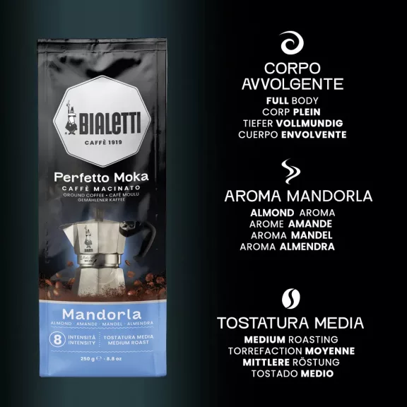 Bialetti Perfetto Moka Mandula ízesítésű őrölt kávé 250g Bialetti Perfetto Moka Mandula ízesítésű őrölt kávé 250g