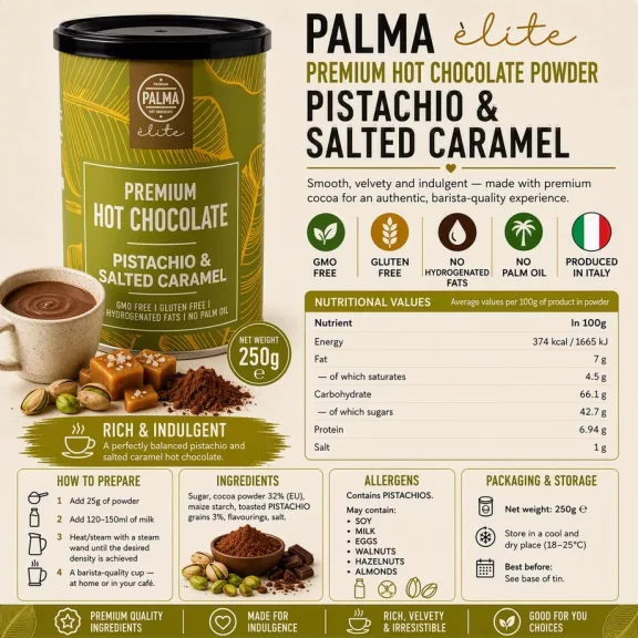 PALMA Élite forró csokoládé pisztácia & sós karamell 250g PALMA Élite forró csokoládé pisztácia & sós karamell 250g
