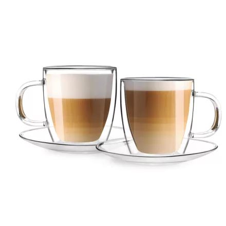 Vialli Design AMO 27565 duplafalú üveg csésze tányérral 250 ml, 2 db