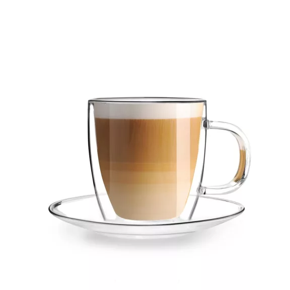 Vialli Design AMO 27565 duplafalú üveg csésze tányérral 250 ml, 2 db