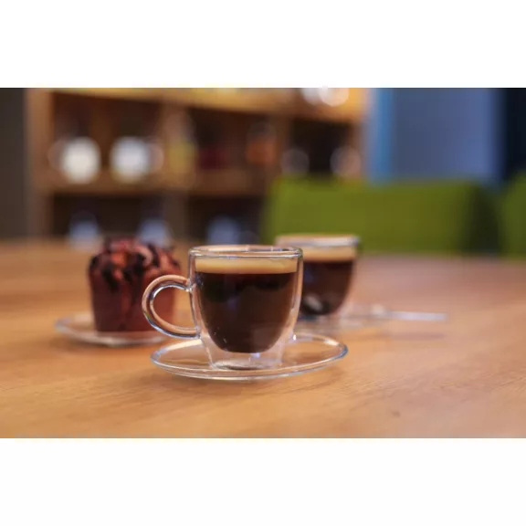 Vialli Design AMO 3055 duplafalú üveg espresso csésze tányérral 50 ml, 2 db Vialli Design AMO 3055 duplafalú üveg espresso csésze tányérral 50 ml, 2 db
